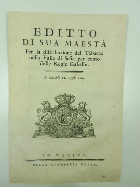 Editto di Sua maestà per la distribuzione del tabacco nella valle di Sesia per conto delle Regie Gabelle